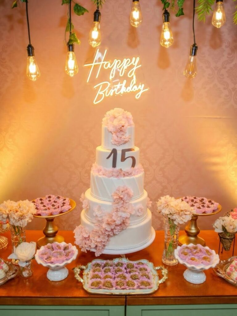 four tier birthday cake surrounded by cookies and flowers